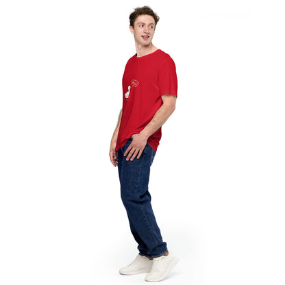 Image 28 of Red Quacksy T-Shirt, size L, with Hello Duck artwork visible in front view, left-side angle.