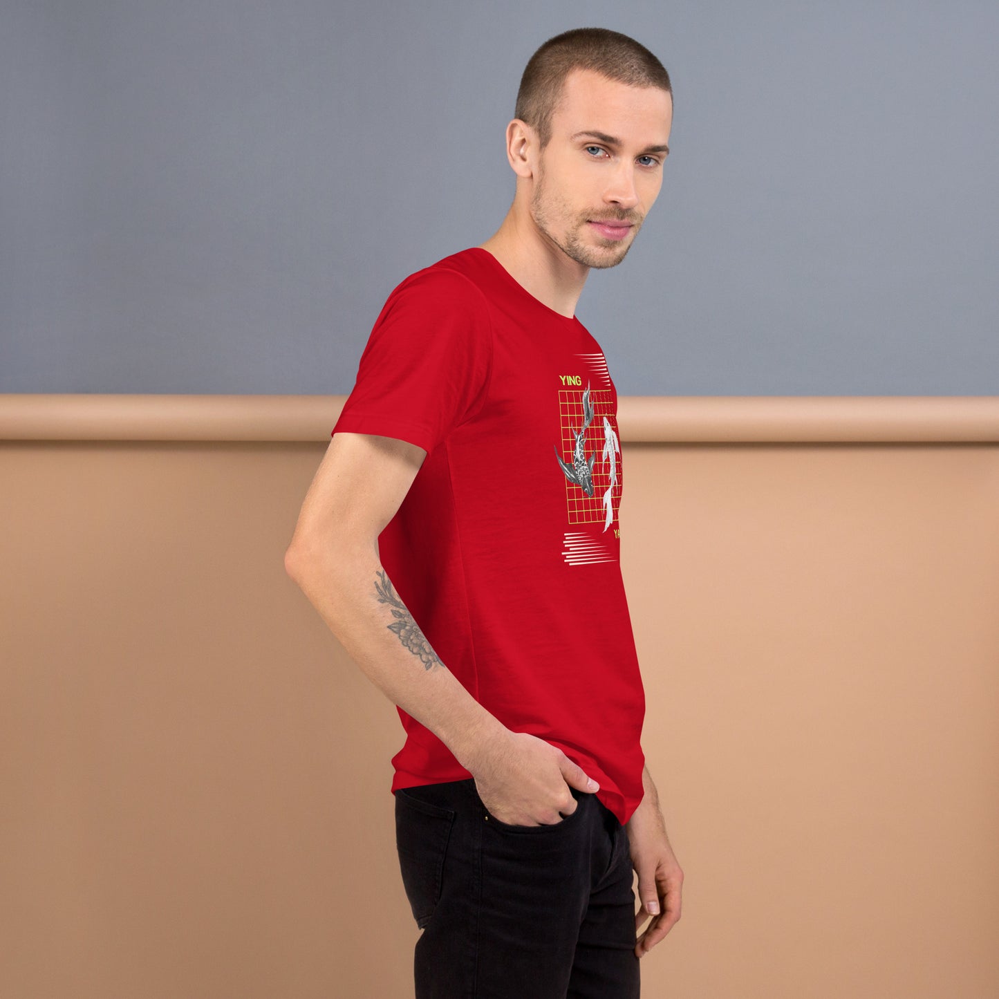 Equinoxe T-Shirt by R.A. Apparel, image 24, right-side angle, Maroon, size XL, design placement.