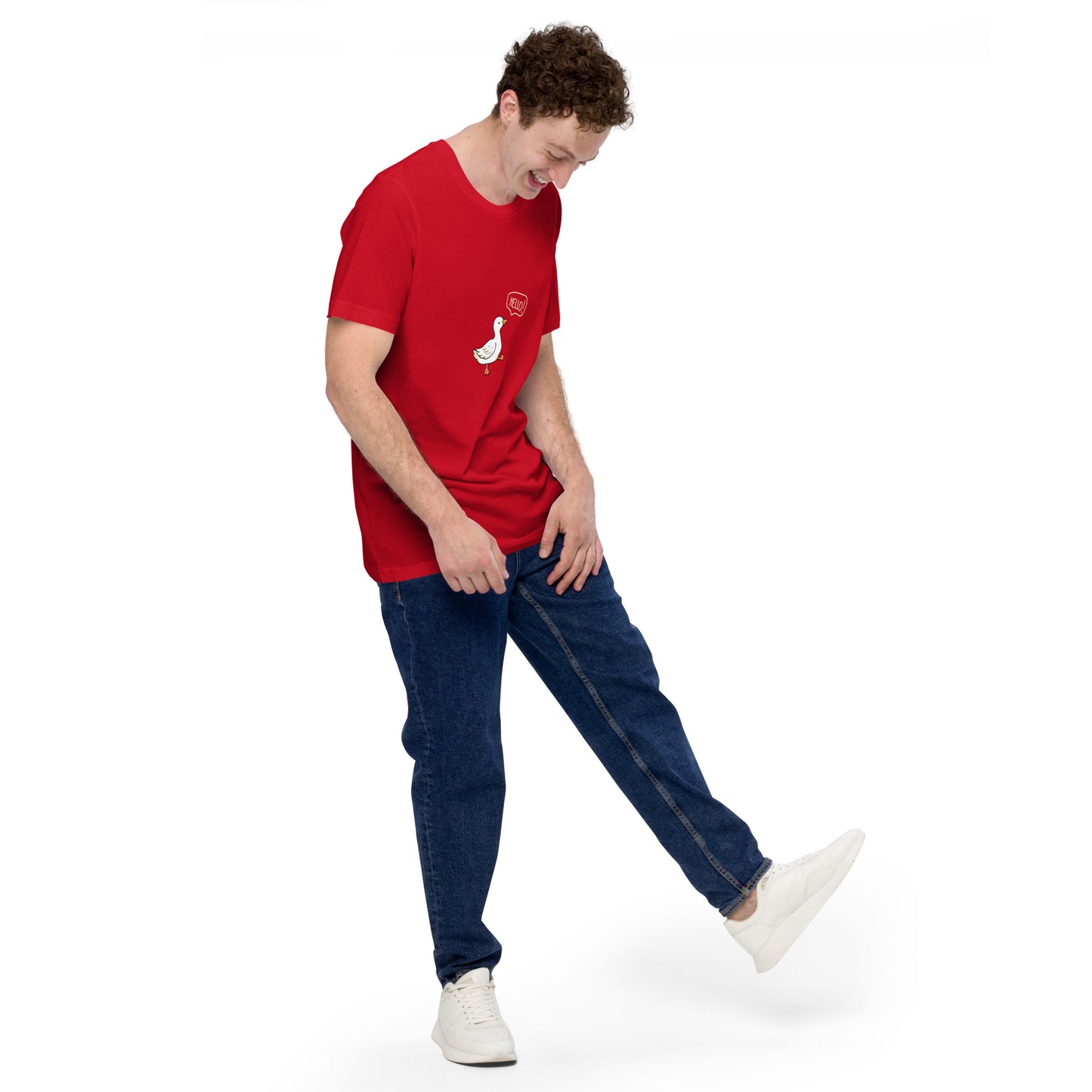 Quacksy T-Shirt image 27 in Red, size M, showing front view, right-side angle for the Hello Duck design.