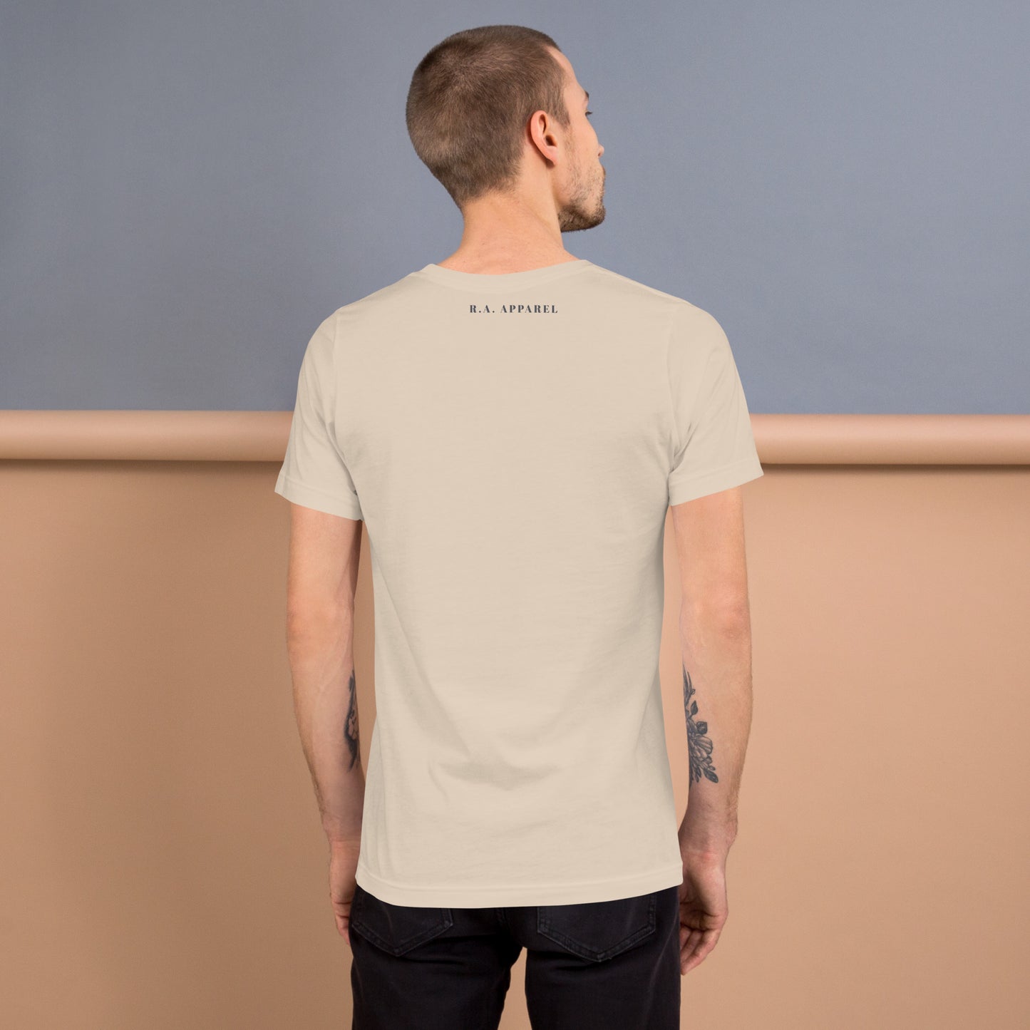 Fortitude T-Shirt - Left Placement 75 product image 18 in Ocean Blue, size L, with back view and left placement.