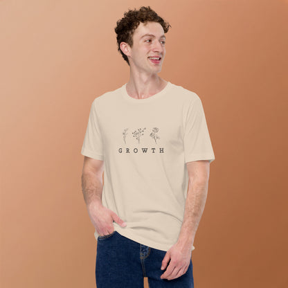 Growthline T-Shirt - Left Placement image 19: Soft Cream version, size XS with front view of the Growth range.