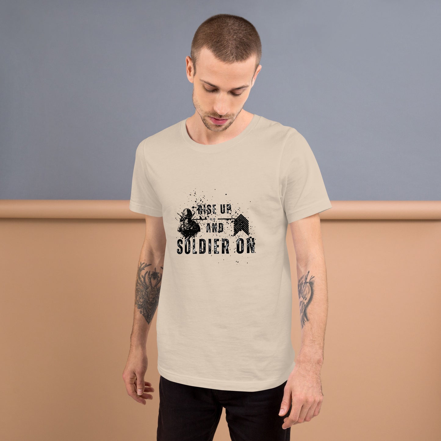 Fortitude T-Shirt - Left Placement 75 image 17: Ocean Blue version, size M with front view of the Soldier On range.