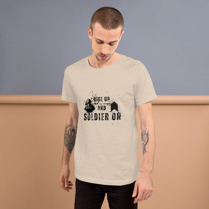 Fortitude T-Shirt - Left Placement 75 image 17: Ocean Blue version, size M with front view of the Soldier On range.