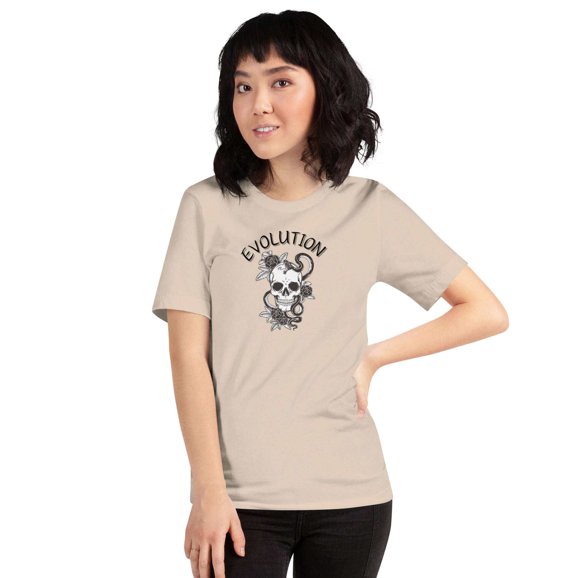 Evolution T-Shirt - Left Placement image 25 in Soft Cream, size S, showing front view for the Evolution design.