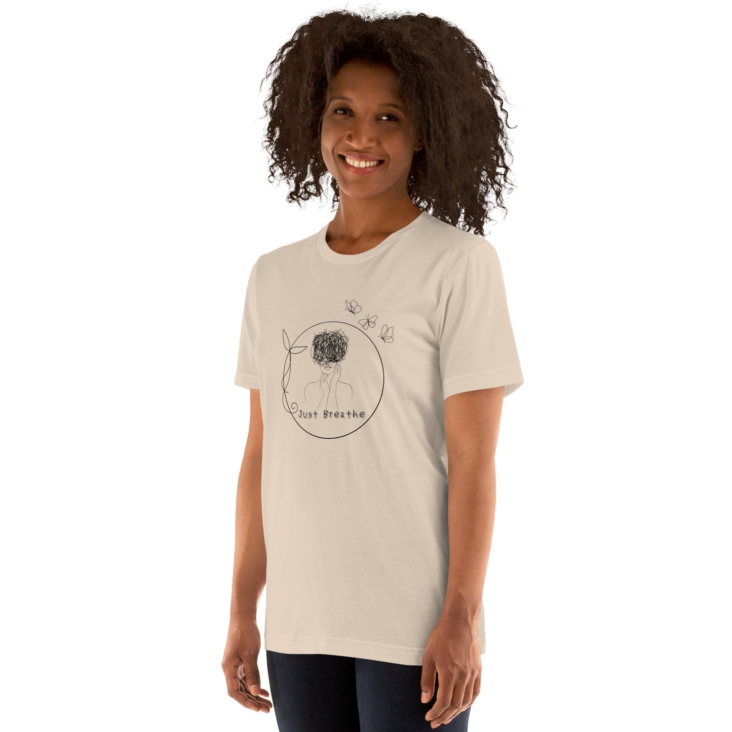 Breathing Room T-Shirt - Left Placement image 19: Pink version, size 2XL with front view, left-side angle of the Just Breathe range.