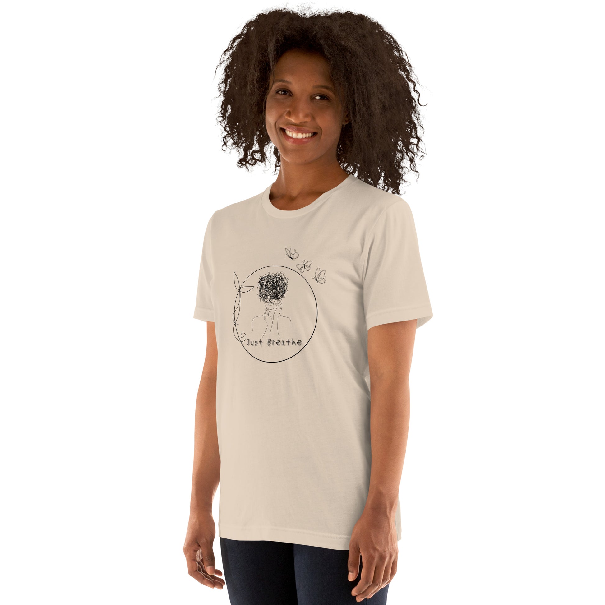 Breathing Room T-Shirt - Left Placement image 19: Pink version, size 2XL with front view, left-side angle of the Just Breathe range.