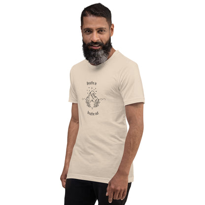 Image 15 of Ocean Blue Exhale T-Shirt - Left Placement, size S, with Breathe in and Breathe Out artwork visible in front view, left-side angle.
