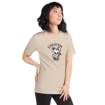 Evolution T-Shirt - Left Placement by R.A. Apparel, image 26, front view, right-side angle, Soft Cream, size M, left placement.