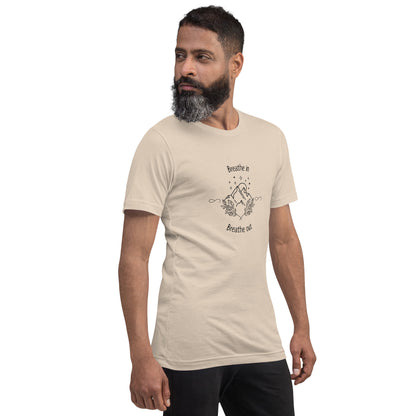 Image 16 of Ocean Blue Exhale T-Shirt - Left Placement, size M, with Breathe in and Breathe Out artwork visible in front view, right-side angle.