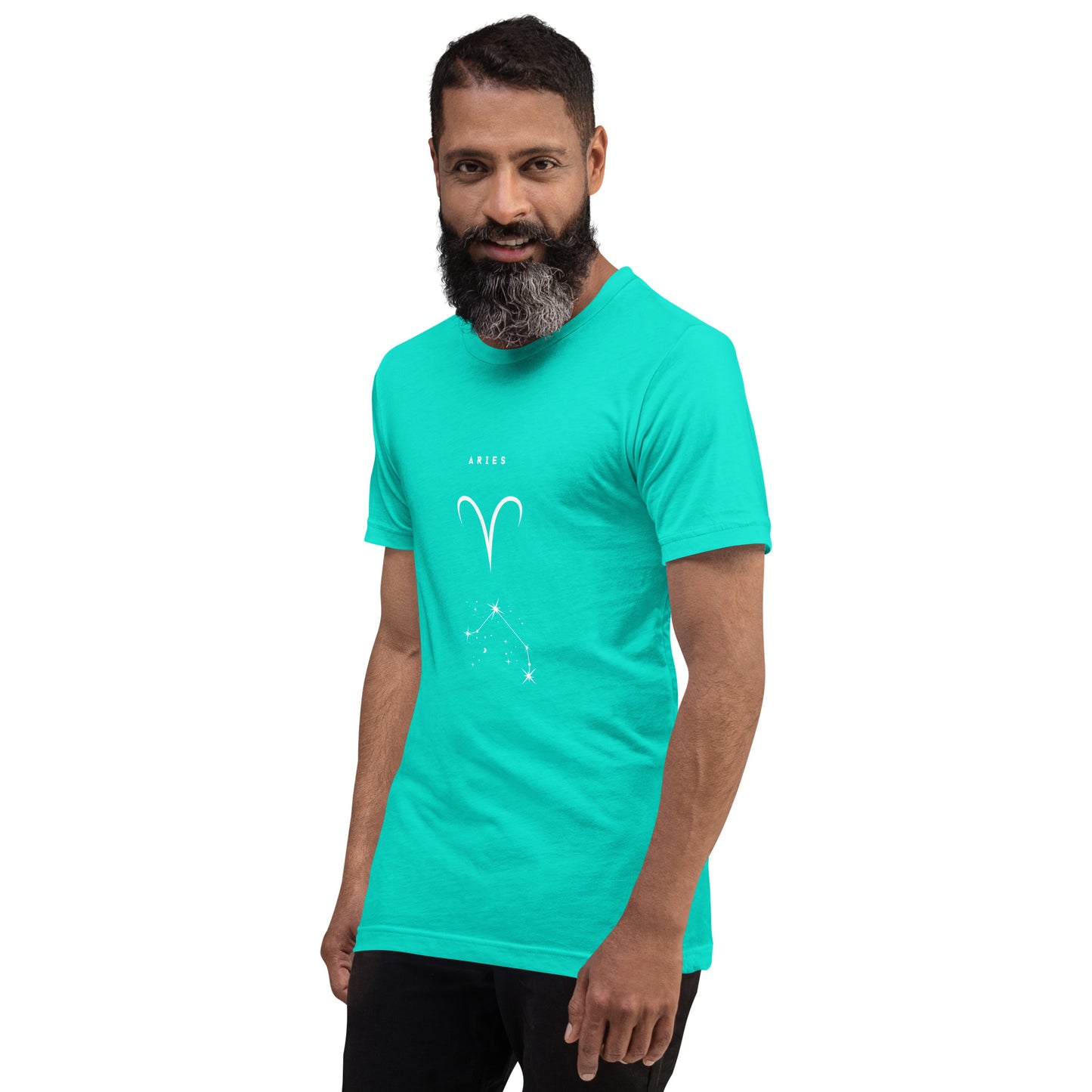 Image 59 of Heather Orchid Marsborne T-Shirt - Left Placement, size S, with Aries artwork visible in front view, left-side angle.