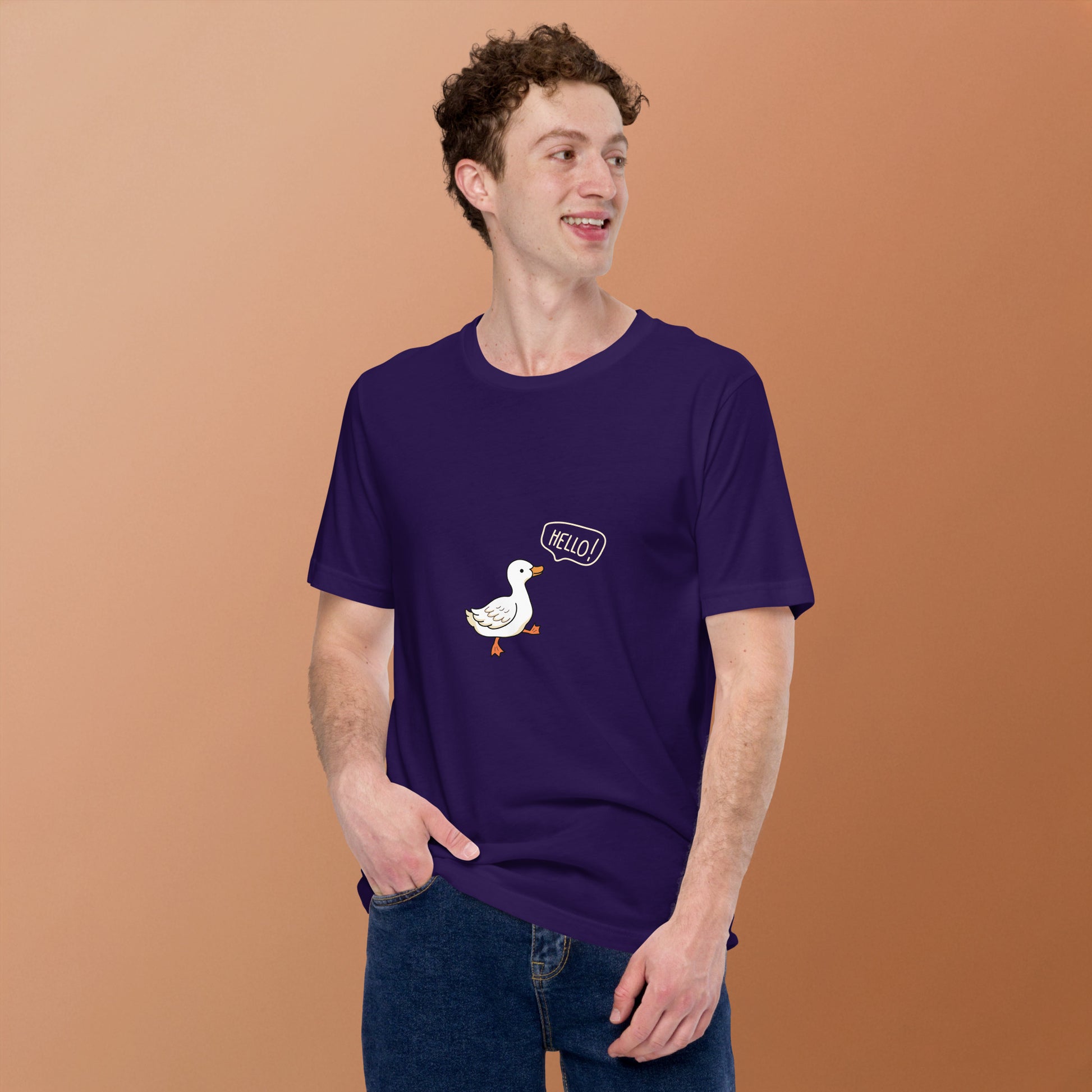 Quacksy T-Shirt image 15 in Team Purple, size 2XL, showing front view for the Hello Duck design.