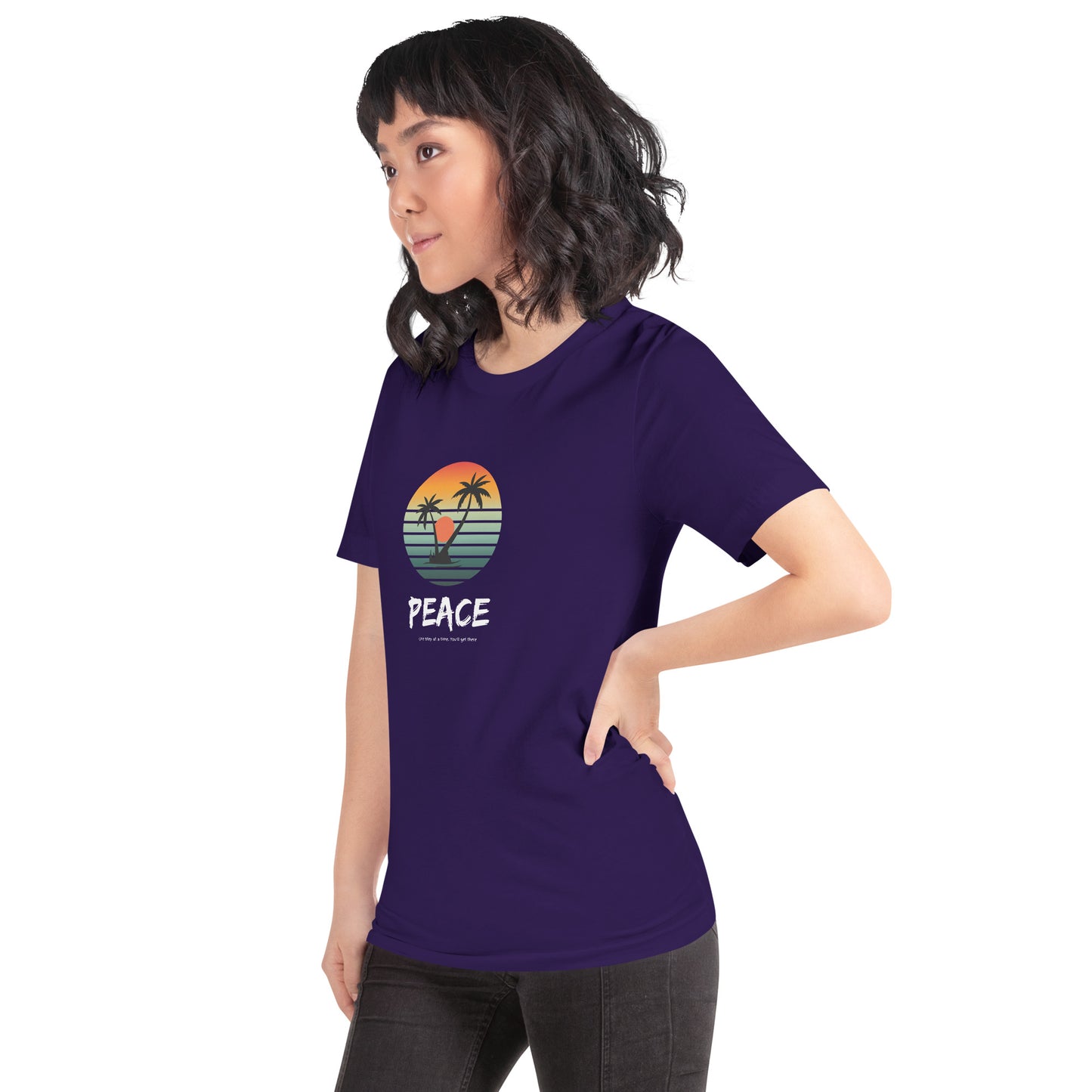 Image 15 of Vintage Black Quiet Peace T-Shirt - Left Placement, size M, with Peace artwork visible in front view, left-side angle.