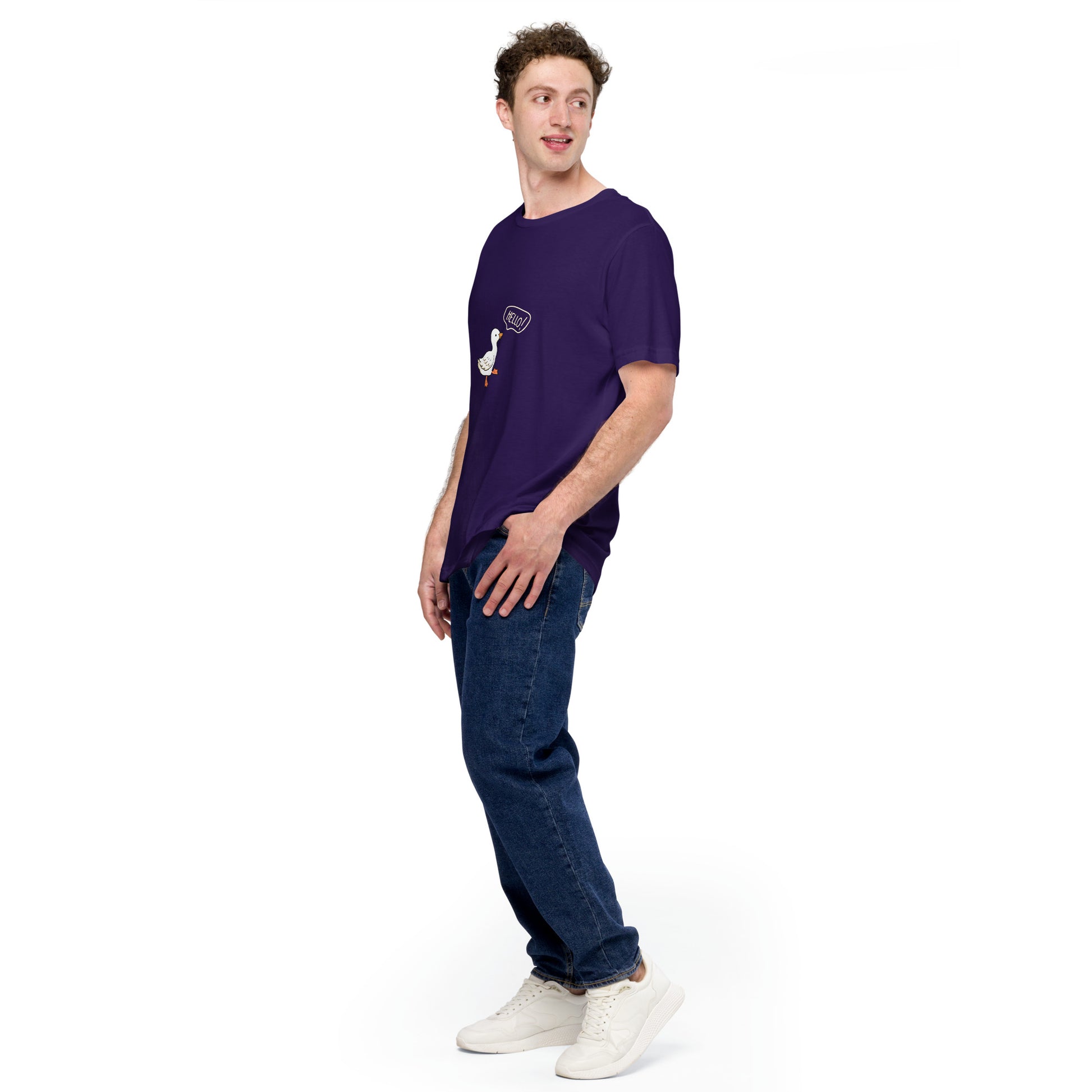 Quacksy T-Shirt product image 13 in Team Purple, size L, with front view, left-side angle and design placement.