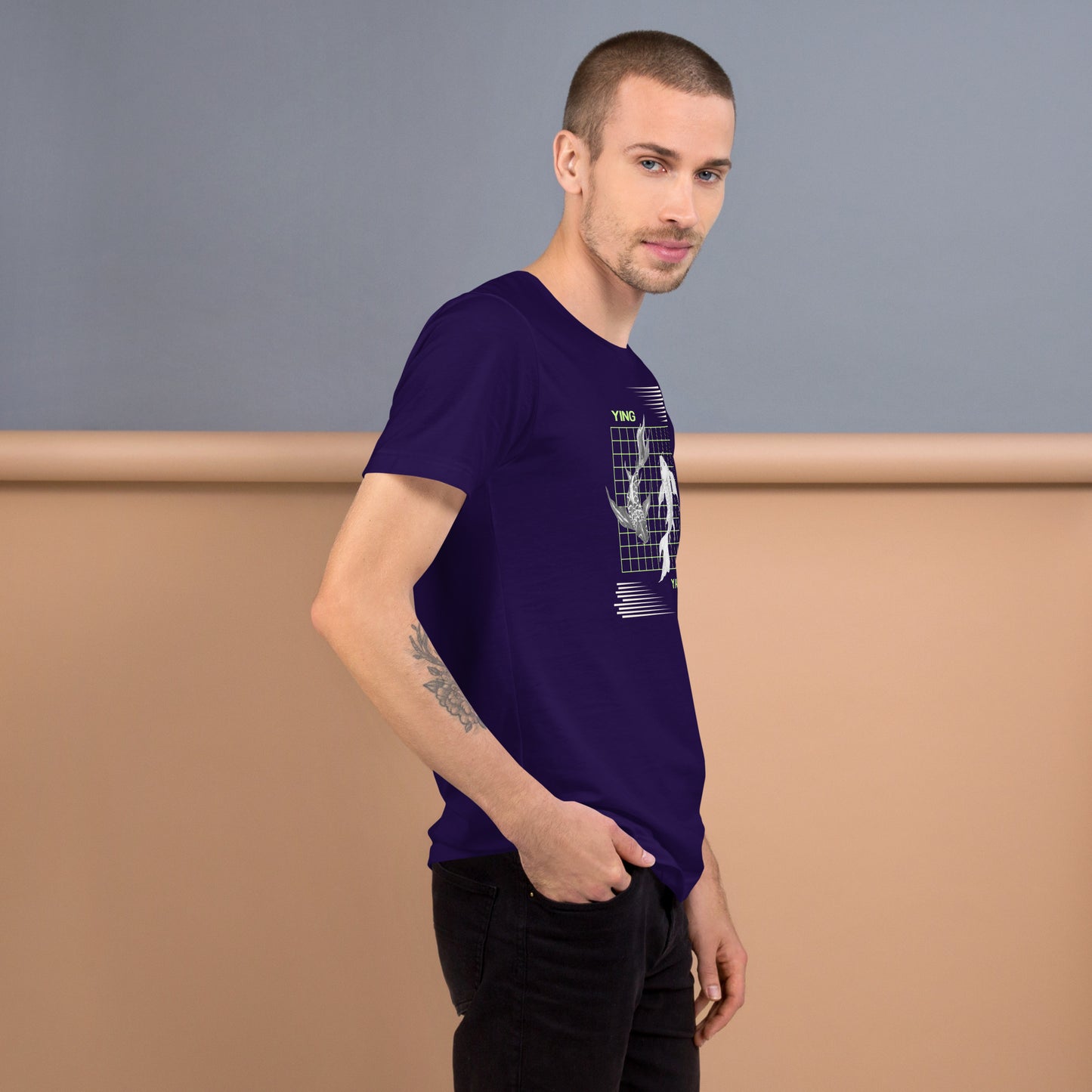 Equinoxe T-Shirt product image 12 in Team Purple, size M, with right-side angle and design placement.