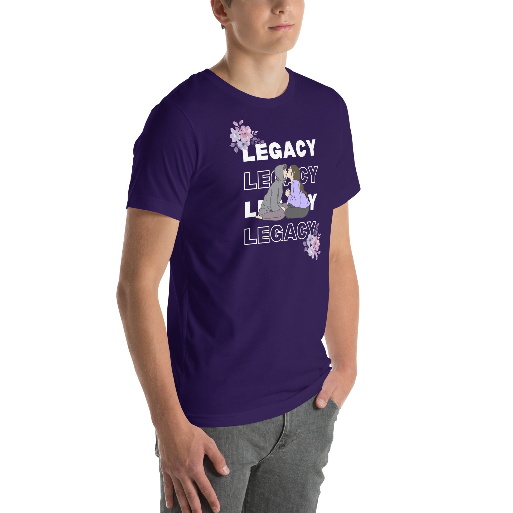 Image 10 of Black Heirloom T-Shirt - Left Placement, size XL, with Legacy artwork visible in front view, right-side angle.