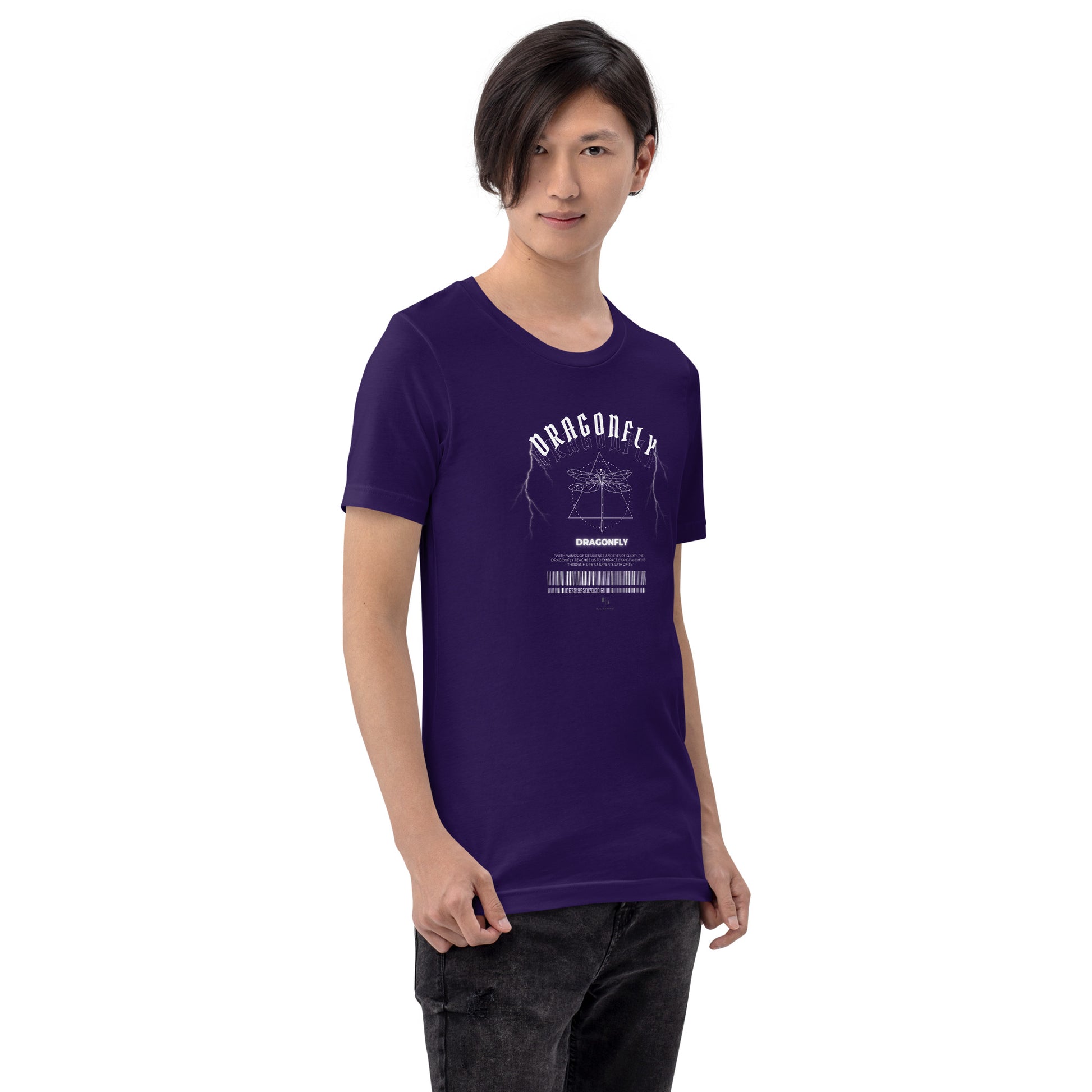 Dragonfly T-Shirt - Left Placement image 18: Oxblood Black version, size L with front view, right-side angle of the Dragonfly range.