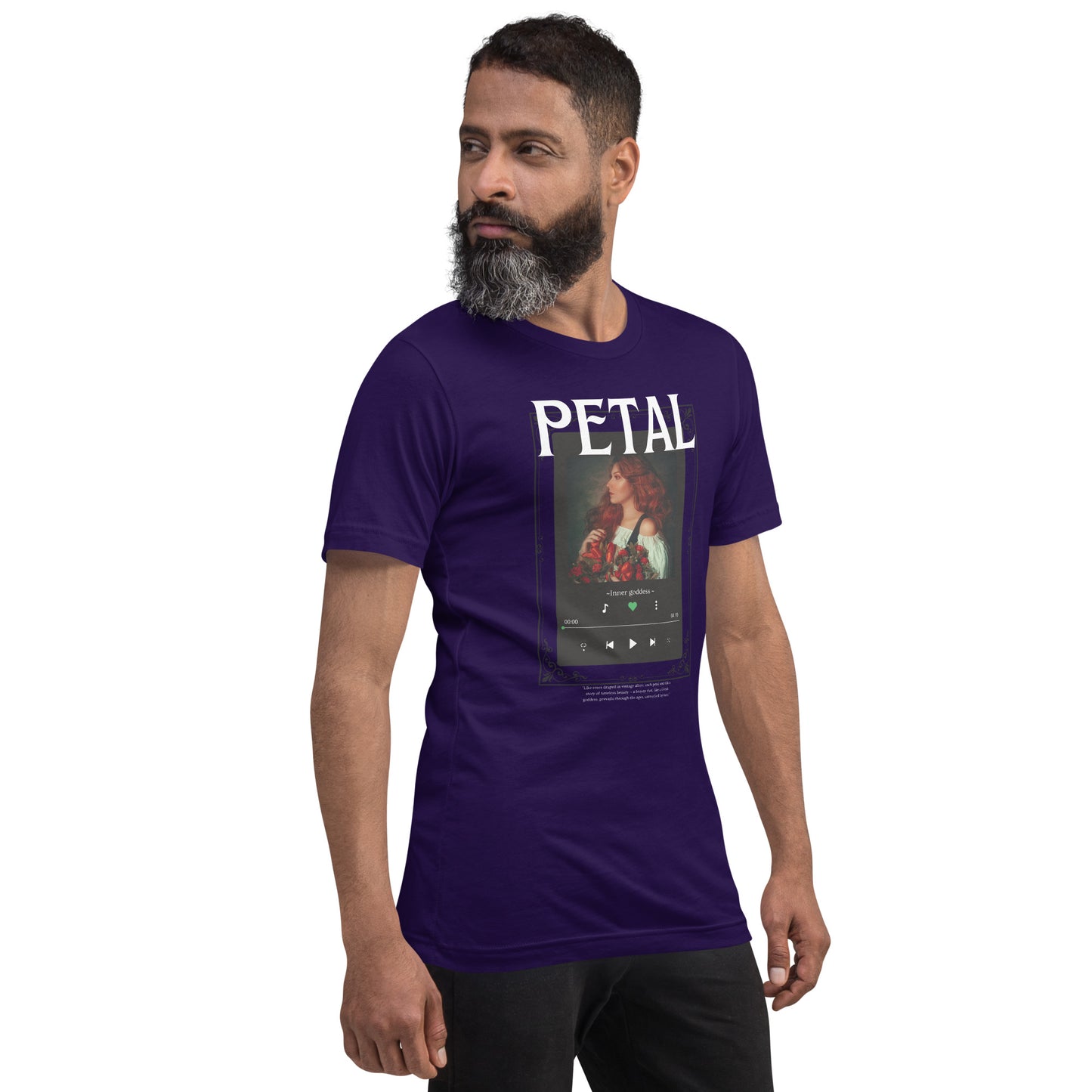 Petaline T-Shirt by R.A. Apparel, image 8, front view, right-side angle, Team Purple, size L, design placement.