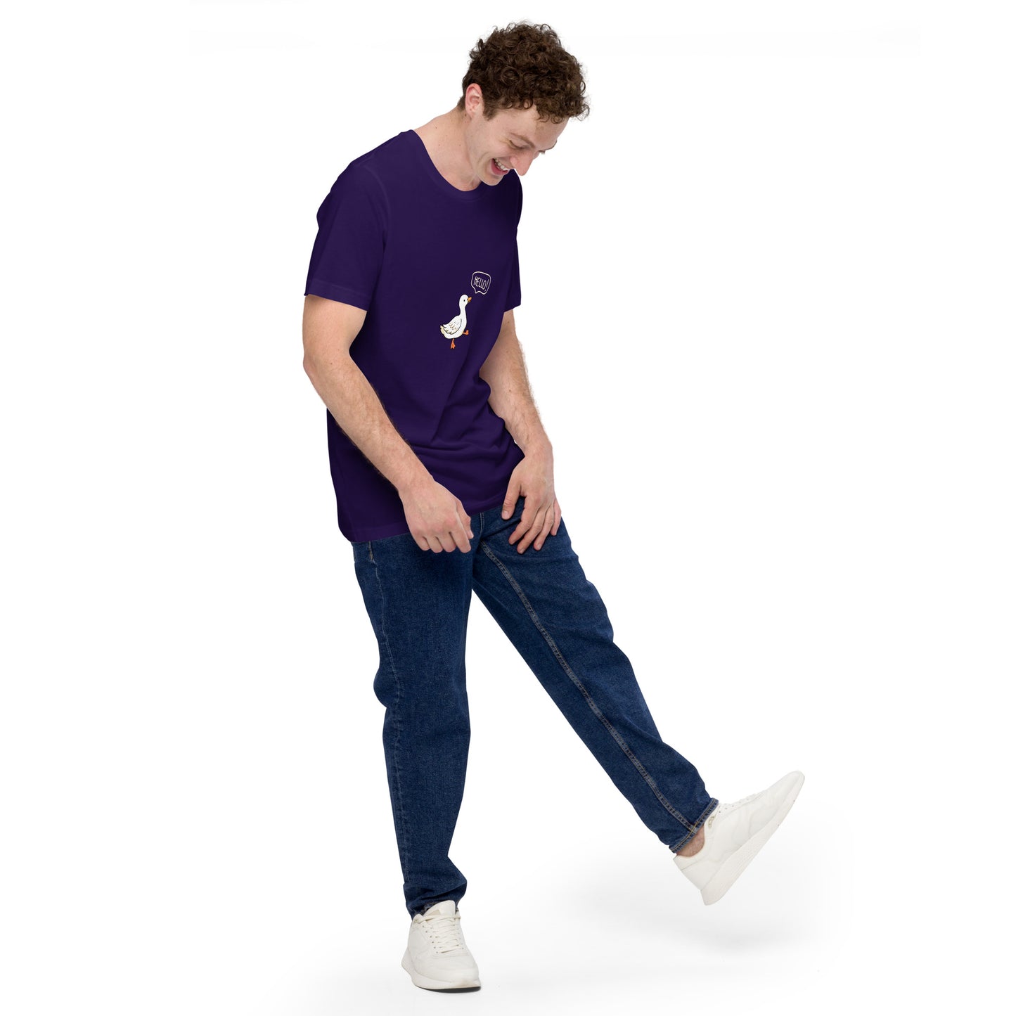 Quacksy T-Shirt product image 12 in Team Purple, size M, with front view, right-side angle and design placement.