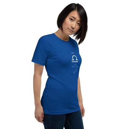 Image 32 of Heather Kelly Balance Court T-Shirt - Left Placement, size M, with Libra artwork visible in front view, right-side angle.
