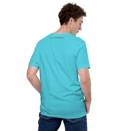 Quacksy T-Shirt product image 89 in Turquoise, size XL, with back view and design placement.