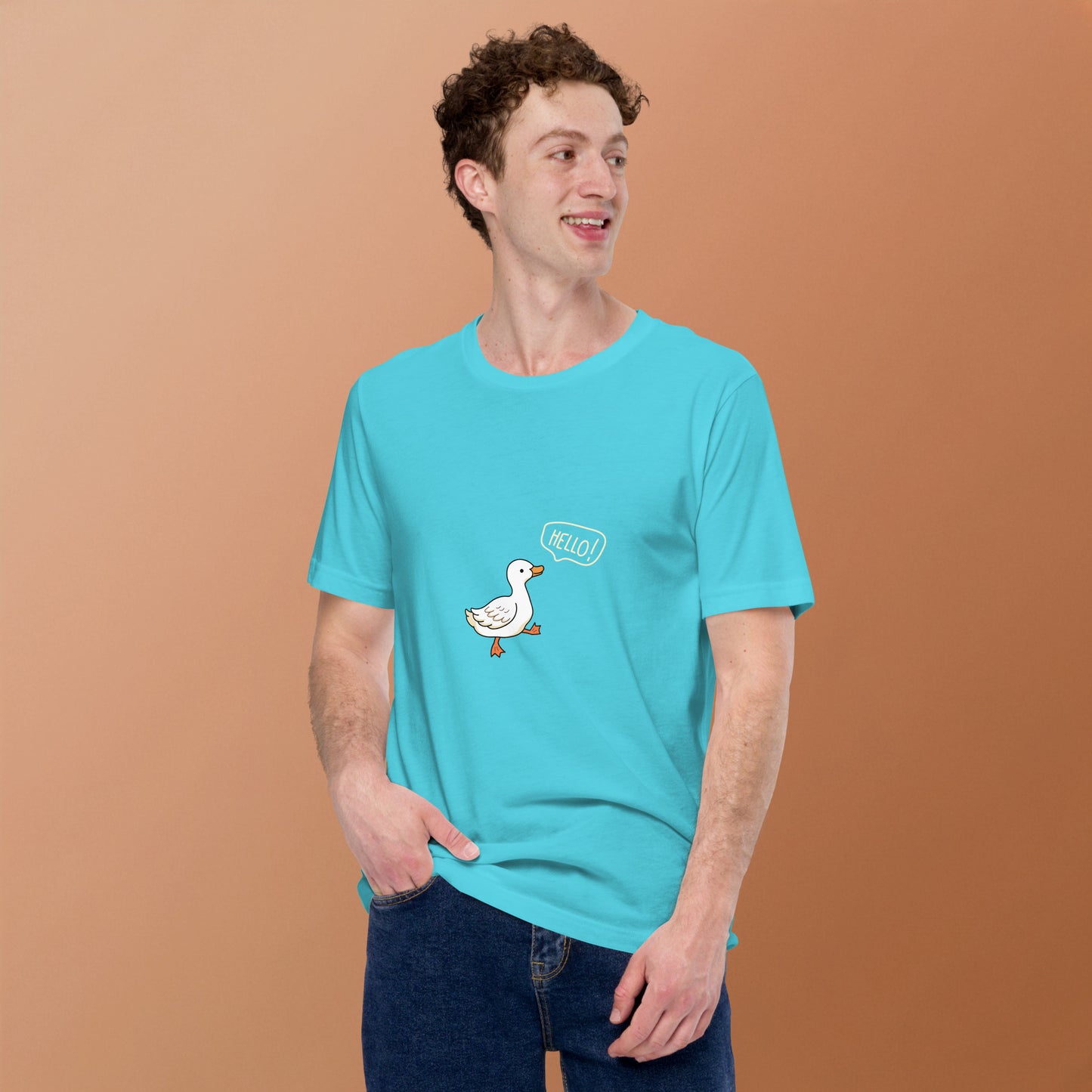 Image 90 of Turquoise Quacksy T-Shirt, size 2XL, with Hello Duck artwork visible in front view.