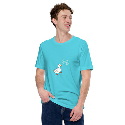 Quacksy T-Shirt image 86 in Turquoise, size S, showing front view for the Hello Duck design.