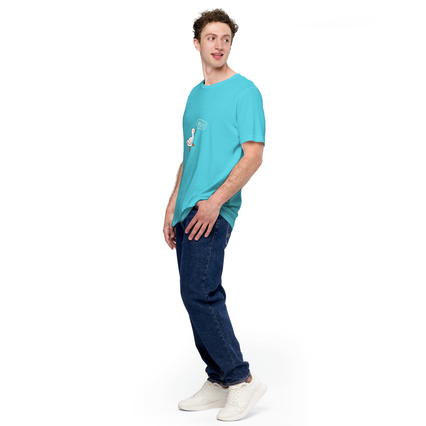 Quacksy T-Shirt product image 88 in Turquoise, size L, with front view, left-side angle and design placement.