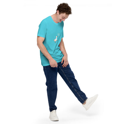 Quacksy T-Shirt product image 87 in Turquoise, size M, with front view, right-side angle and design placement.
