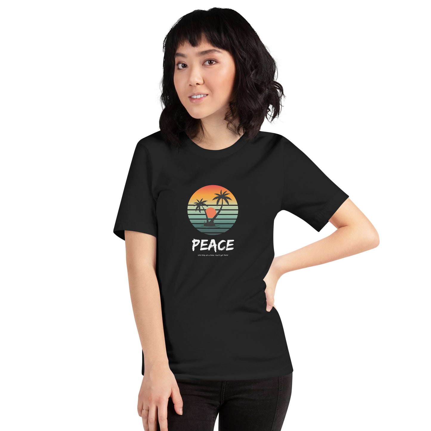 Quiet Peace T-Shirt - Left Placement image 37: Heather Navy version, size S with front view of the Peace range.