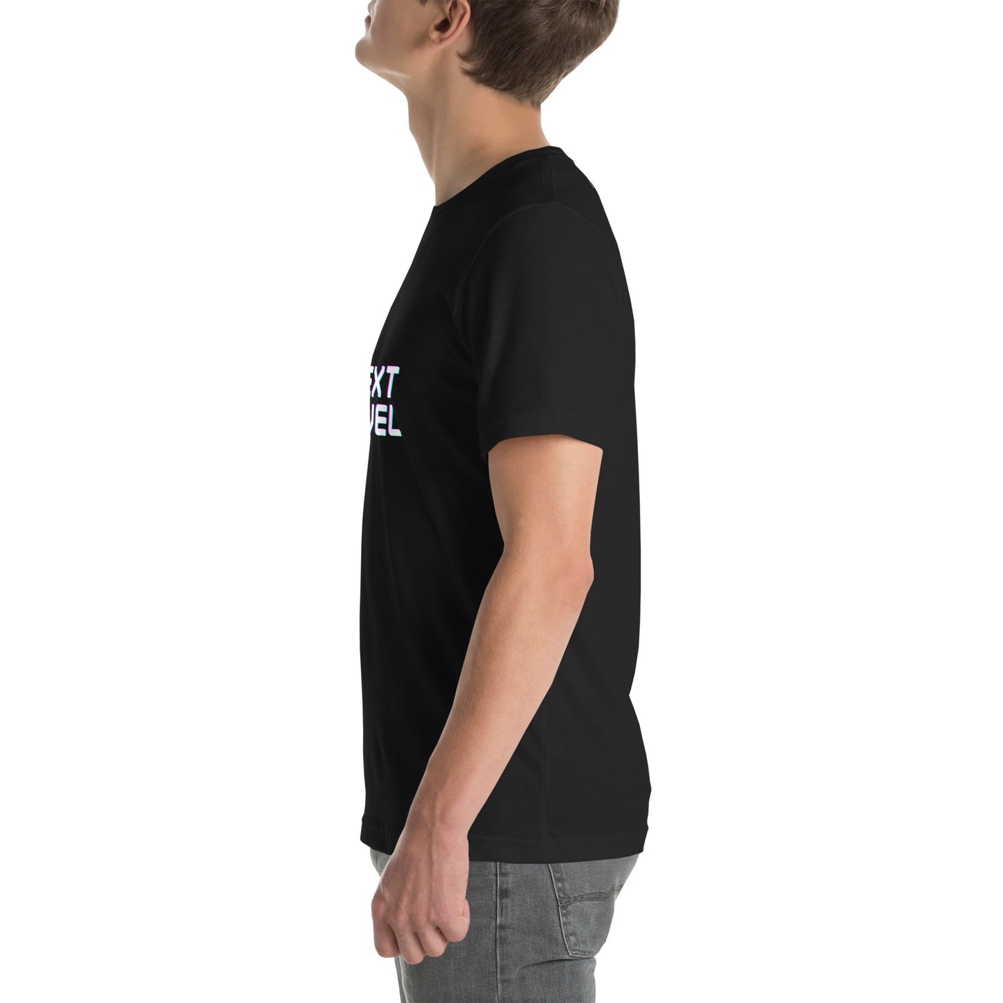 Ascender T-Shirt - Left Placement image 3 in Black Heather, size M, showing left-side angle for the Next Level design.