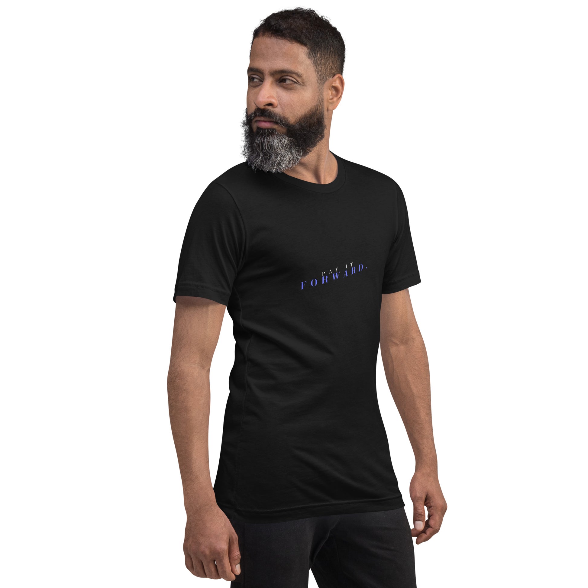 Image 48 of Heather Midnight Navy Forward Kind T-Shirt - Left Placement 78, size S, with Pay It Forward artwork visible in front view, right-side angle.