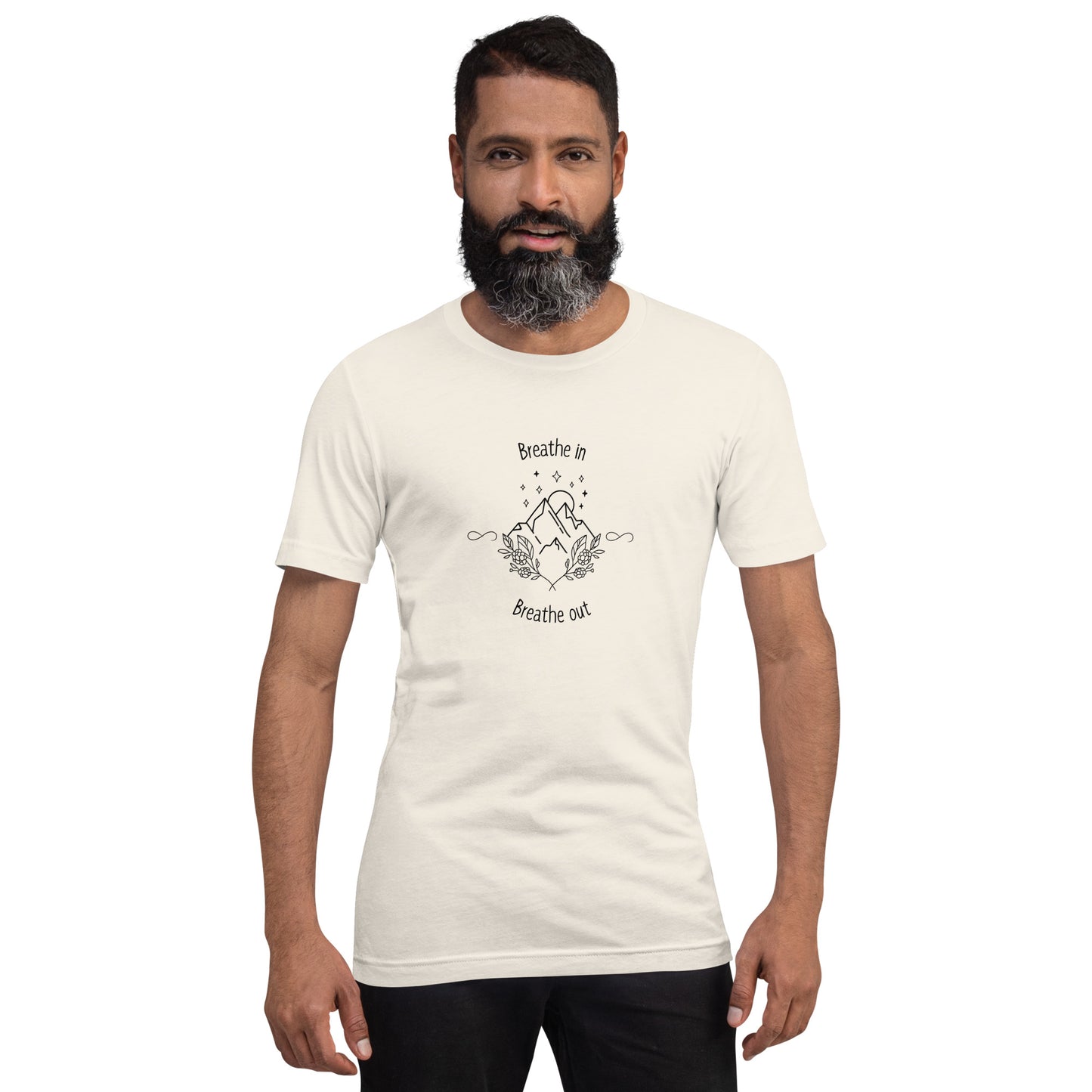 Image 37 of Heather Mint Exhale T-Shirt - Left Placement, size S, with Breathe in and Breathe Out artwork visible in front view.