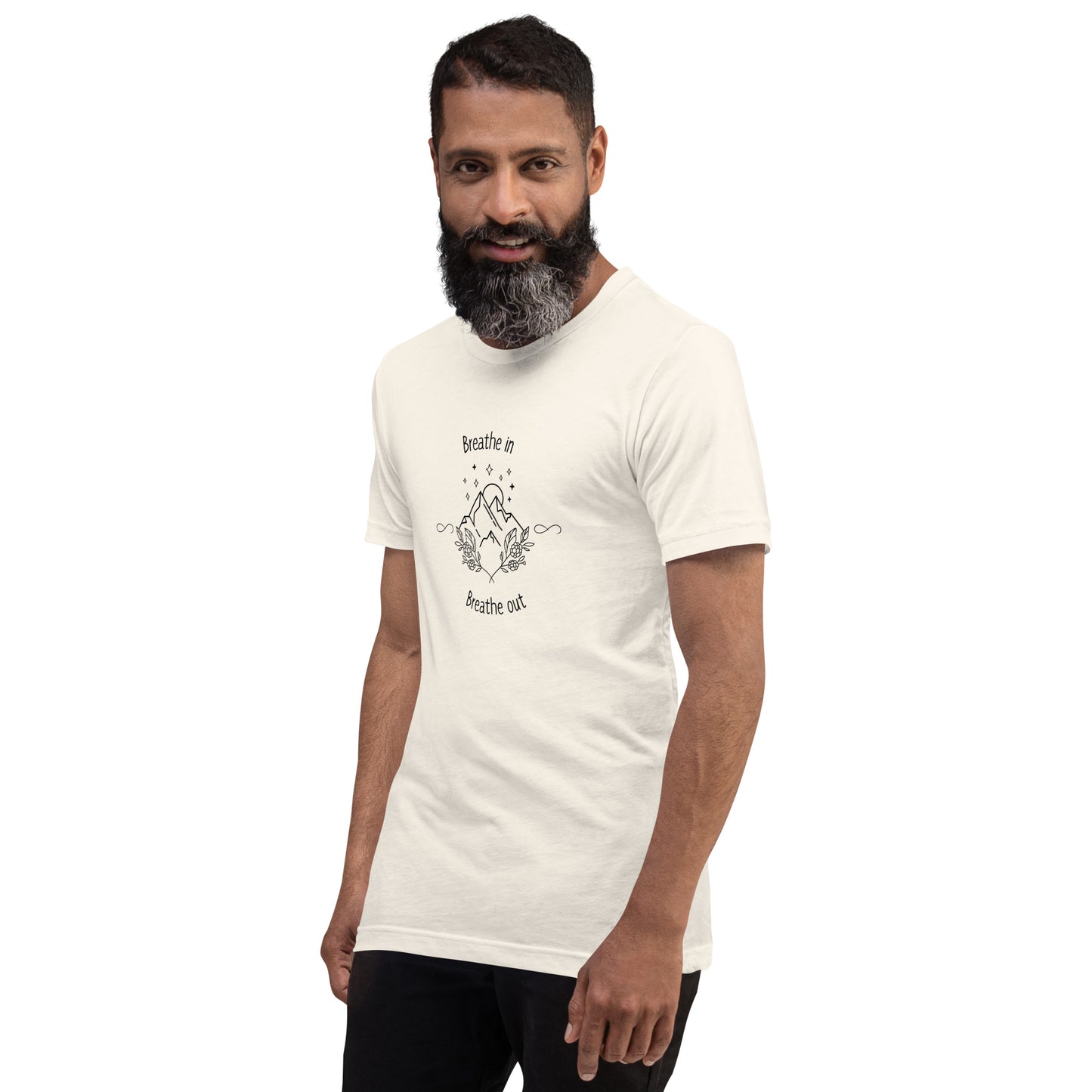 Exhale T-Shirt - Left Placement product image 39 in Heather Mint, size L, with front view, left-side angle and left placement.