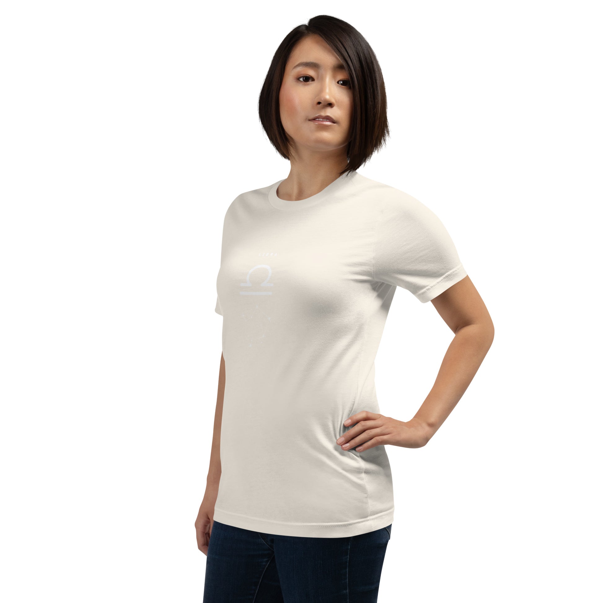 Balance Court T-Shirt - Left Placement image 112 in selected colour, showing front view, left-side angle for the Libra design.