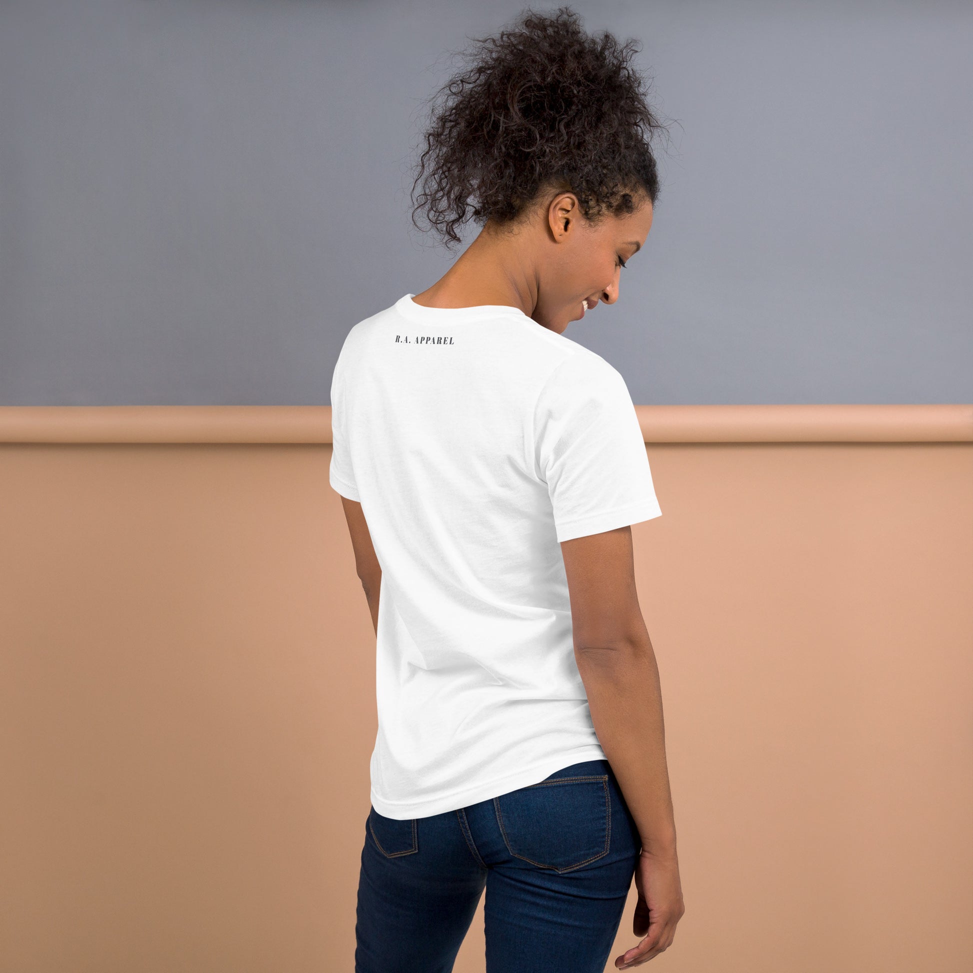 Boo Luxe T-Shirt - Left Placement image 3: Light Blue version, size M with back view of the Fa Boo Lous range.