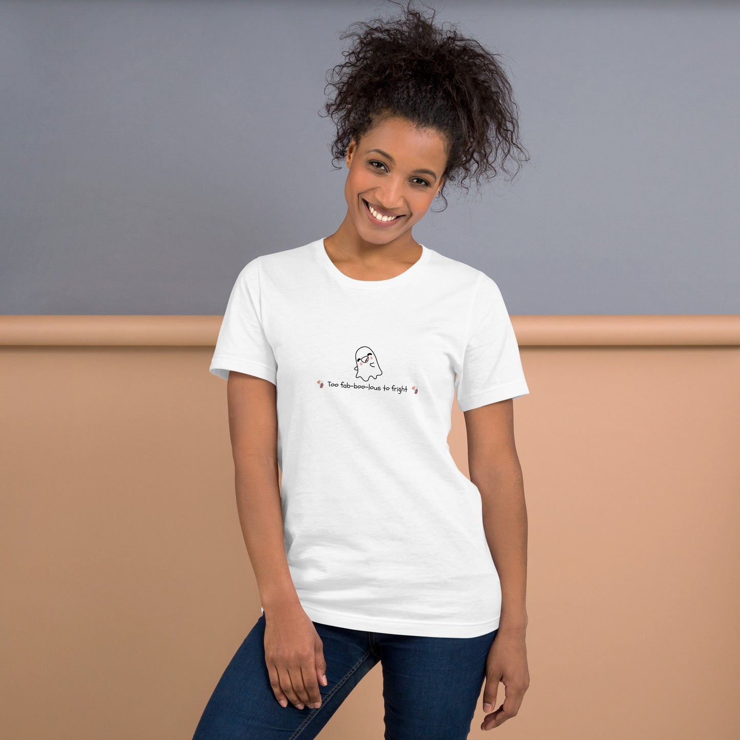 Boo Luxe T-Shirt - Left Placement image 1: Light Blue version, size XS with front view of the Fa Boo Lous range.