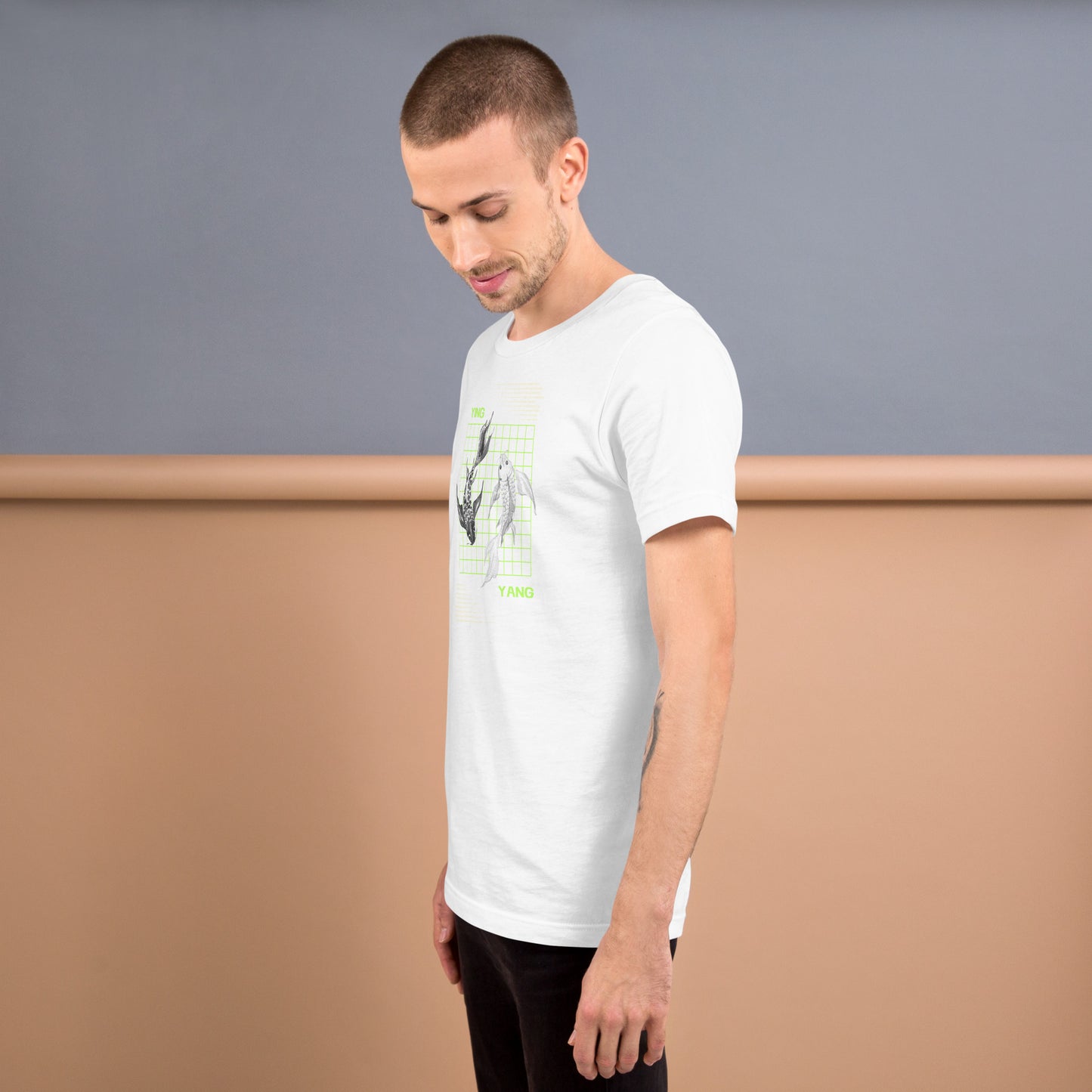 Equinoxe T-Shirt image 79: Heather Yellow Gold version, size XL with left-side angle of the Ying and Yang range.