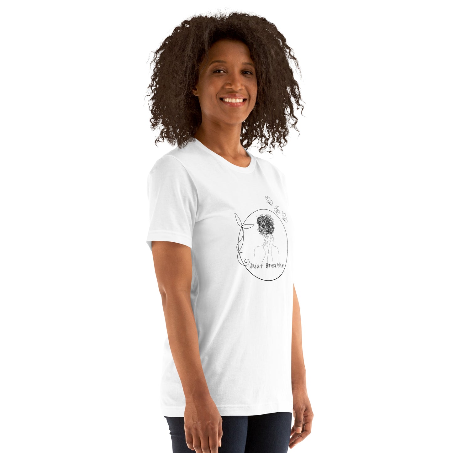 Image 2 of Heather Prism Mint Breathing Room T-Shirt - Left Placement, size M, with Just Breathe artwork visible in front view, right-side angle.
