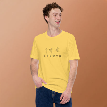 Image 24 of Yellow Growthline T-Shirt - Left Placement, size S, with Growth artwork visible in front view.