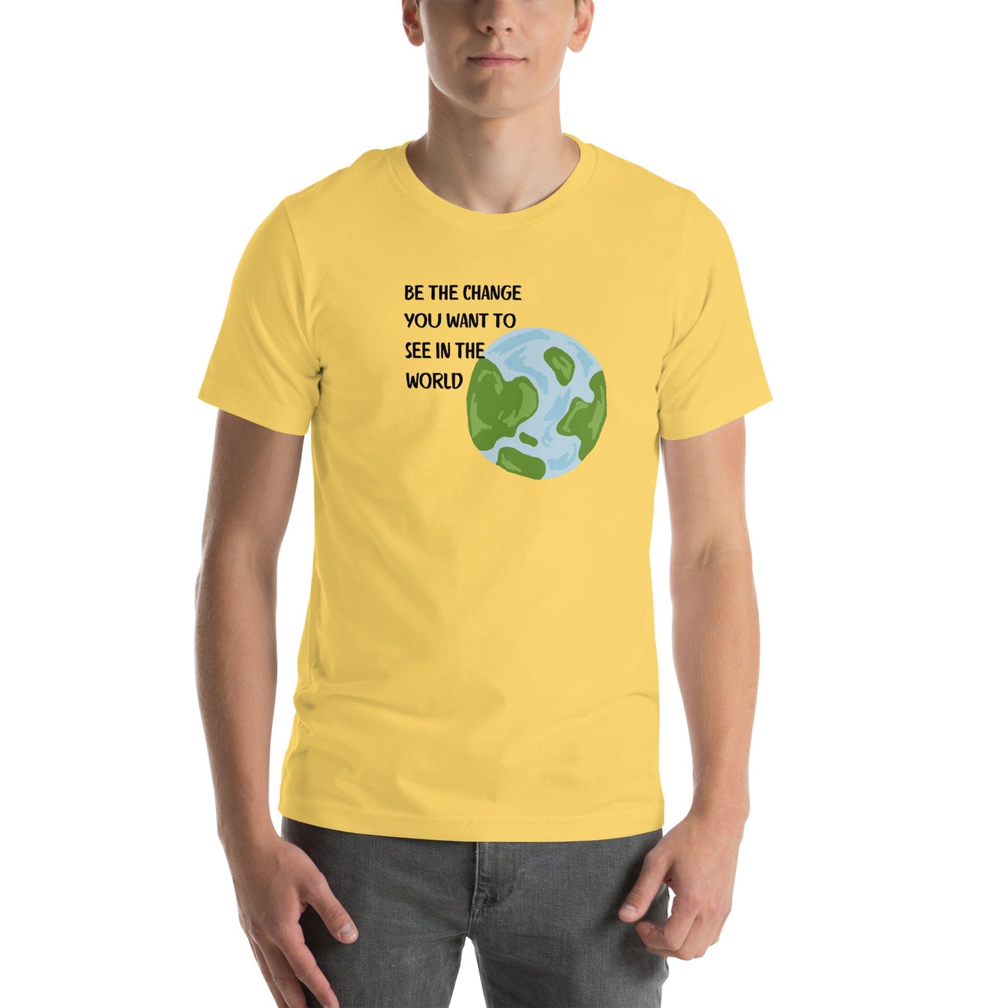 Image 7 of Athletic Heather Change Signal T-Shirt - Left Placement, size M, with Be the Change artwork visible in front view.