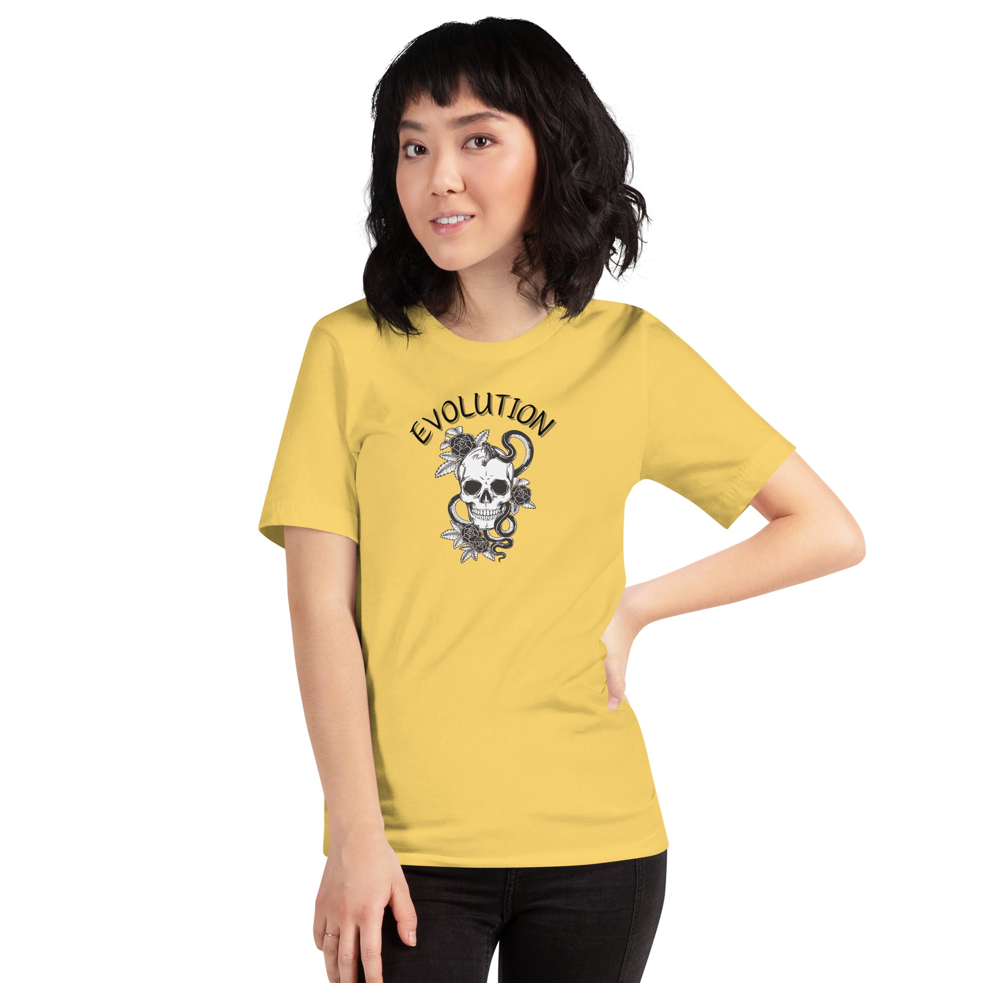 Image 31 of Yellow Evolution T-Shirt - Left Placement, size L, with Evolution artwork visible in front view.
