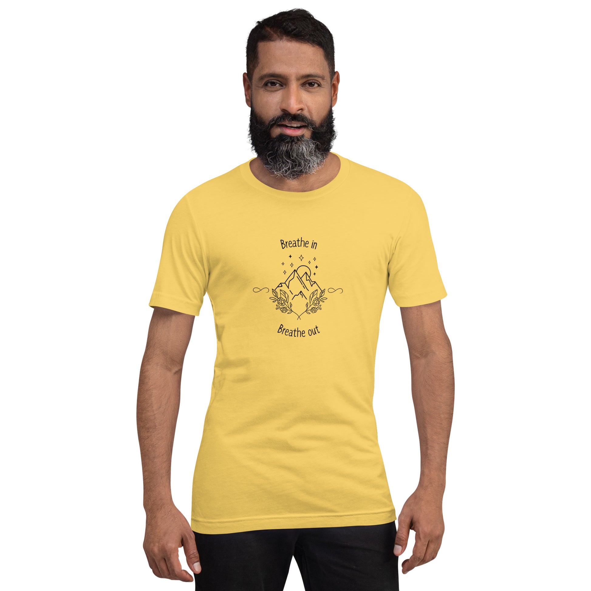 Exhale T-Shirt - Left Placement image 17: Ocean Blue version, size L with front view of the Breathe in and Breathe Out range.
