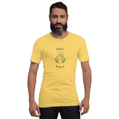 Exhale T-Shirt - Left Placement image 17: Ocean Blue version, size L with front view of the Breathe in and Breathe Out range.