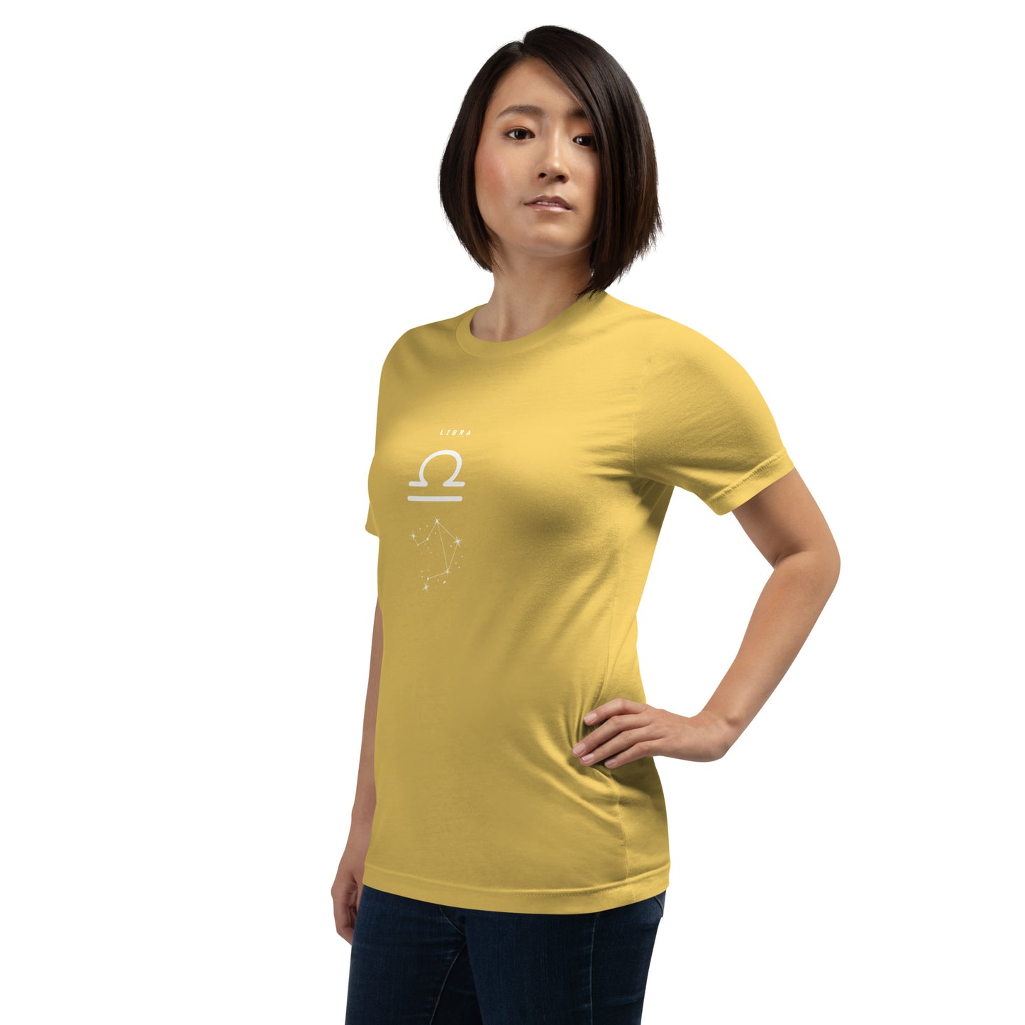Image 88 of Natural Balance Court T-Shirt - Left Placement, size L, with Libra artwork visible in front view, left-side angle.