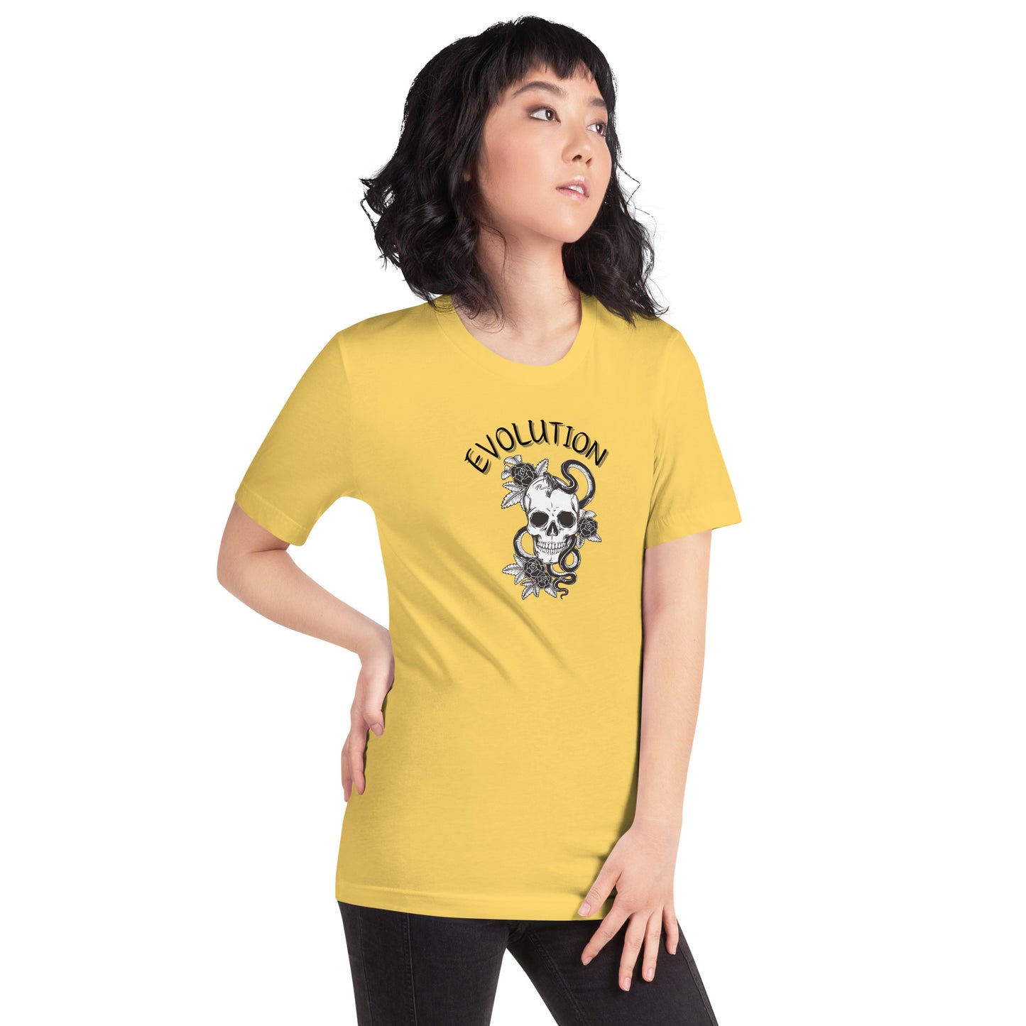 Image 32 of Yellow Evolution T-Shirt - Left Placement, size XL, with Evolution artwork visible in front view, right-side angle.