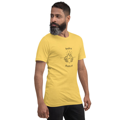 Exhale T-Shirt - Left Placement image 20: Soft Cream version, size S with front view, right-side angle of the Breathe in and Breathe Out range.