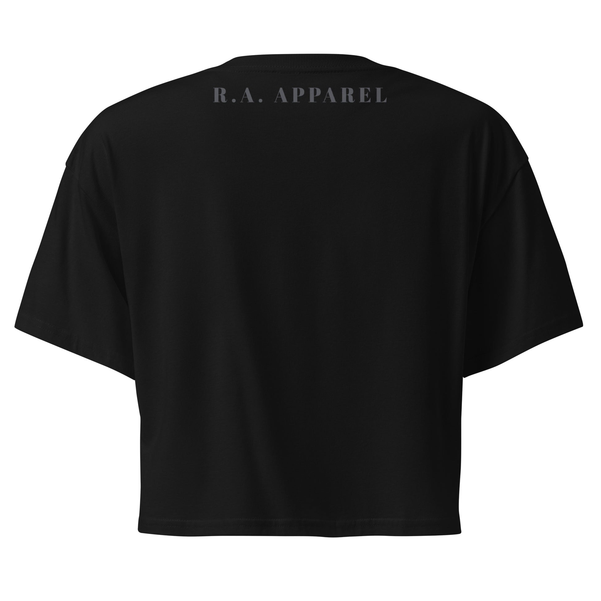 Fractured Process Crop Top - Left Placement by R.A. Apparel, image 1, back view, Black, size XS, left placement.