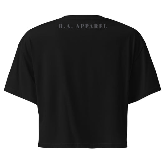Fractured Process Crop Top - Left Placement by R.A. Apparel, image 1, back view, Black, size XS, left placement.