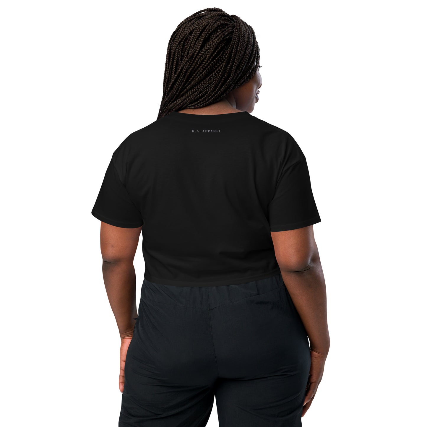 Urban Crop Top - Left Placement by R.A. Apparel, image 2, back view, Black, size S, left placement.