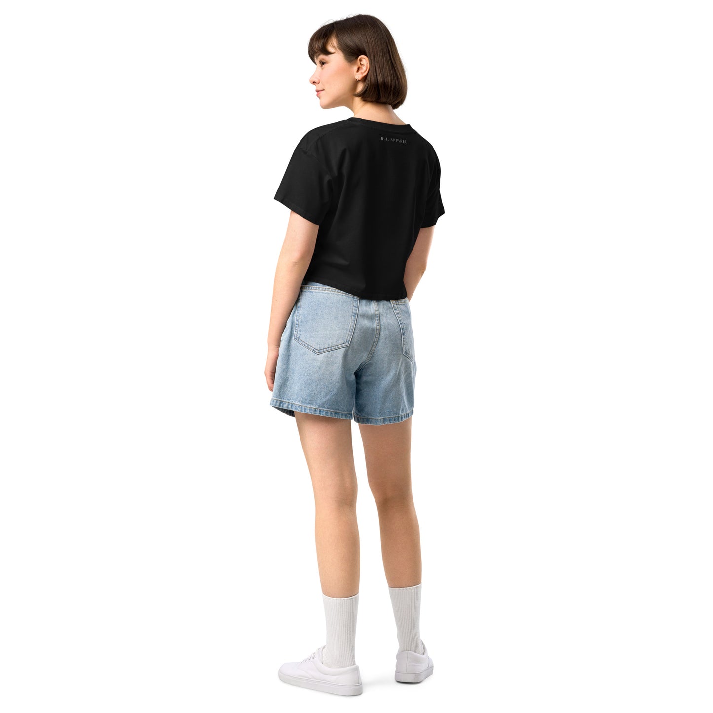 Image 2 of Black Avenor Crop Top, size M, with The View Awaits artwork visible in back view.